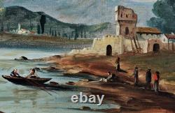 TABLEAU River Landscape Fishermen Oil on Canvas Beautiful Golden Wood Frame 19th Century