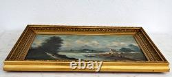TABLEAU River Landscape Fishermen Oil on Canvas Beautiful Golden Wood Frame 19th Century