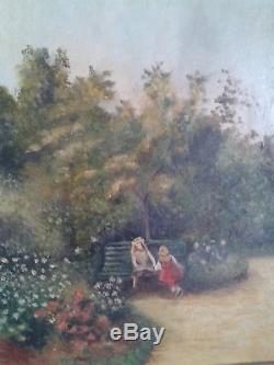 Table Adorable Oil On Panel Girls Sitting On A Bench, Spirit 1900