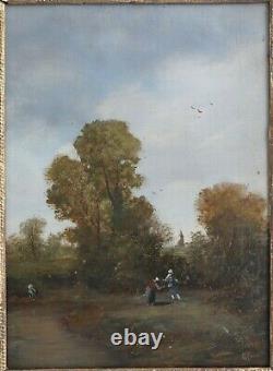 Table Ancient Oil Animated Landscape Trees 19th Barbizon Signature To Identify