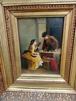 Table Ancient Oil On Wooden Panel Romantic Scene Sign/ Perez