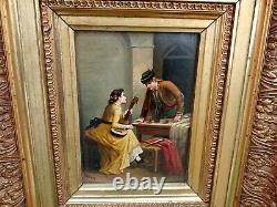 Table Ancient Oil On Wooden Panel Romantic Scene Sign/ Perez