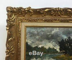 Table Former, Oil On Canvas, River Landscape, Gilded Wood Frame, Early Twentieth