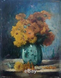 Table Hsp Bouquet Of Orange Dahlias Signed Vallemont