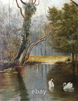 Table Hsp Etang With Swans Xix° Signed Poirier