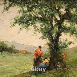 Table Landscape Painting With Oil On Canvas Signed Characters Old Style