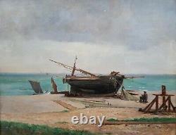 Table Marine Painting Morlon Fecamp Beach Boat Sea Normandie 19th French