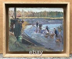 Table Oil Gaston Durel (1879-1954) Landscape Fishermen Characters Frame