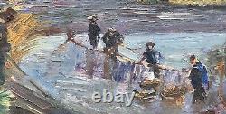 Table Oil Gaston Durel (1879-1954) Landscape Fishermen Characters Frame