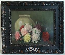 Table Oil On Canvas Still Life Flowers Carnations Edgard Breyne Early Twentieth