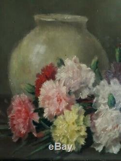 Table Oil On Canvas Still Life Flowers Carnations Edgard Breyne Early Twentieth