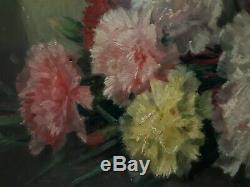 Table Oil On Canvas Still Life Flowers Carnations Edgard Breyne Early Twentieth