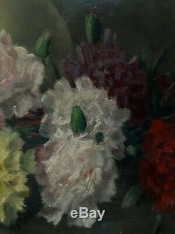 Table Oil On Canvas Still Life Flowers Carnations Edgard Breyne Early Twentieth