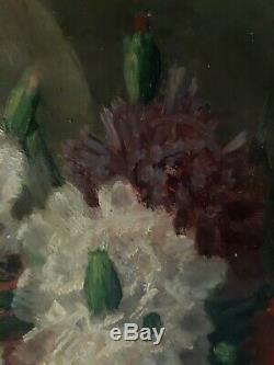 Table Oil On Canvas Still Life Flowers Carnations Edgard Breyne Early Twentieth