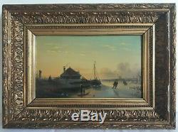 Table Oil On Cardboard Animated Marine 1888 XIX Signed Timber Stucco Golden Frame