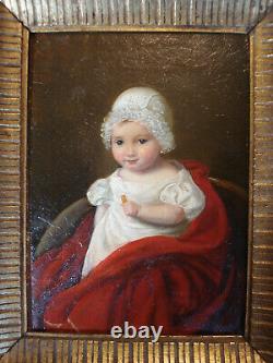 Table Oil On Cardboard Miniature Portrait Child Dress Empire 1812