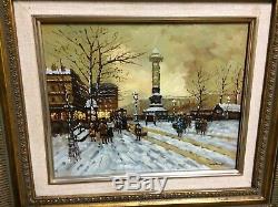 Table Oil On Snowy View Of Paris Signed Leroux