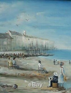 Table Oil On Wood Marine Beach Scene R. Wilson MID Twentieth