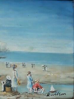 Table Oil On Wood Marine Beach Scene R. Wilson MID Twentieth