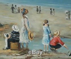 Table Oil On Wood Marine Beach Scene R. Wilson MID Twentieth