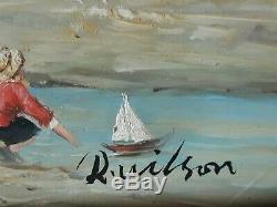 Table Oil On Wood Marine Beach Scene R. Wilson MID Twentieth