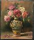 Table Oil On Wood Signed Bouquet Of Pink Flowers Still Life Debut Twentieth