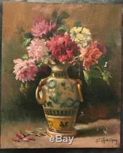 Table Oil On Wood Signed Bouquet Of Pink Flowers Still Life Debut Twentieth