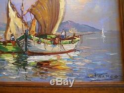 Table Oil Painting Signed Franco Barthelemy Marine Landscape Boat Côte D Azur