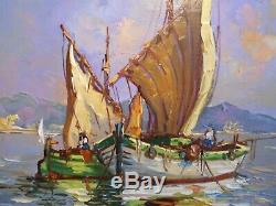 Table Oil Painting Signed Franco Barthelemy Marine Landscape Boat Côte D Azur