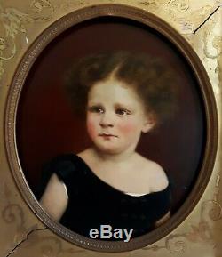 Table Oil / Wood Portrait Girl E. Koch 1899 XIX Wood Stucco Golden Frame