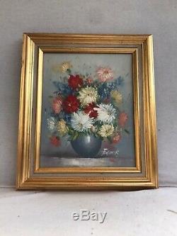 Table Old Frédérick Bouquet Of Flowers Oil On Canvas + Golden Wood Frame