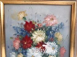 Table Old Frédérick Bouquet Of Flowers Oil On Canvas + Golden Wood Frame