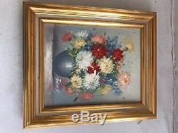 Table Old Frédérick Bouquet Of Flowers Oil On Canvas + Golden Wood Frame