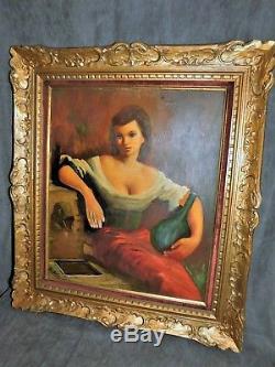 Table Old Oil On Canvas Sign Woman Guerin At The Fountain Frame Wood Dore