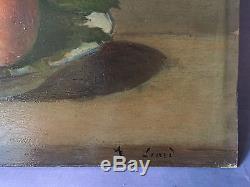 Table Old / Oil On Panel Signed Still Life With Fishing Framed