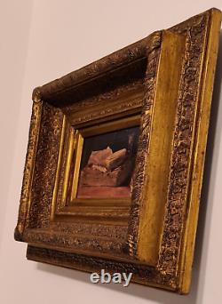 Table, Old wooden/plaster golden frame + Vintage oil painting on canvas