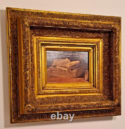 Table, Old wooden/plaster golden frame + Vintage oil painting on canvas