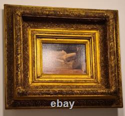 Table, Old wooden/plaster golden frame + Vintage oil painting on canvas