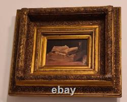 Table, Old wooden/plaster golden frame + Vintage oil painting on canvas