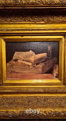 Table, Old wooden/plaster golden frame + Vintage oil painting on canvas