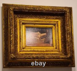 Table, Old wooden/plaster golden frame + Vintage oil painting on canvas