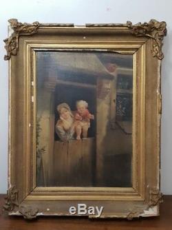 Table Painting 18th XVIII / 19th Century Dairy And Her Child Oil On Wood