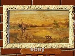 Table Signed F. Petit. Landscape. Oil Painting On Wood Panel