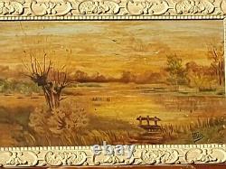 Table Signed F. Petit. Landscape. Oil Painting On Wood Panel