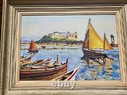 Table Signed Marty. Landscape Marin Boats. Oil Painting On Wood Panel