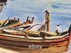 Table Signed Marty. Landscape Marin Boats. Oil Painting On Wood Panel