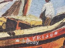 Table Signed Marty. Landscape Marin Boats. Oil Painting On Wood Panel