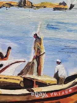 Table Signed Marty. Landscape Marin Boats. Oil Painting On Wood Panel