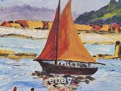 Table Signed Marty. Landscape Marin Boats. Oil Painting On Wood Panel