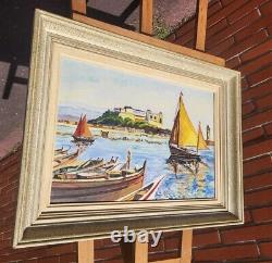 Table Signed Marty. Landscape Marin Boats. Oil Painting On Wood Panel